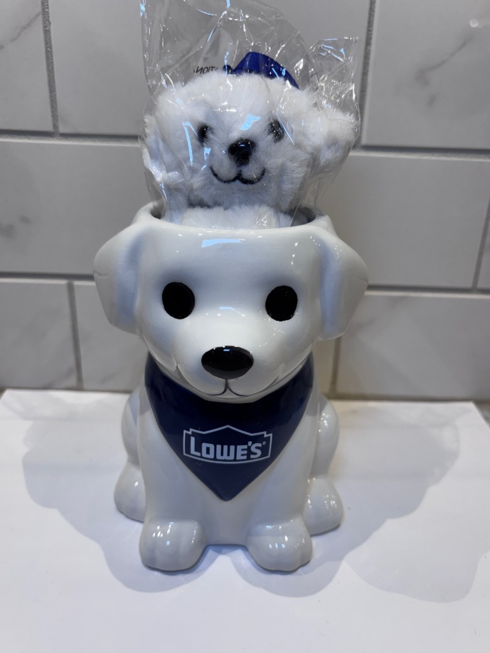 Lowe's Puppy Planter Ceramic & Plush Dog Keychain Backpack Buddy Set NEW